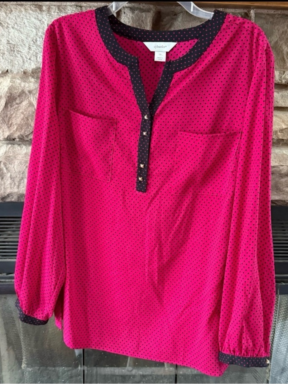 CJ Banks Pink Polka Dot Long-Sleeve Blouse